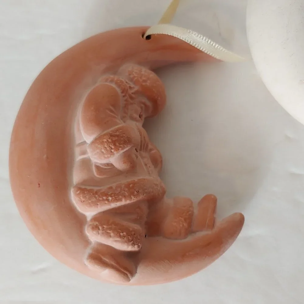 Ceramic Clay Half‎ Moon Sleeping Santa Christmas Tree Holiday Ornaments Vintage